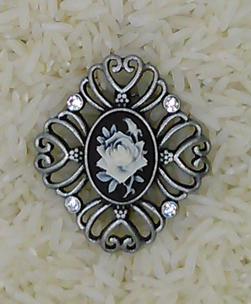 SALE Antique Silver Filigree Rose Cameo Brooch Pin F102