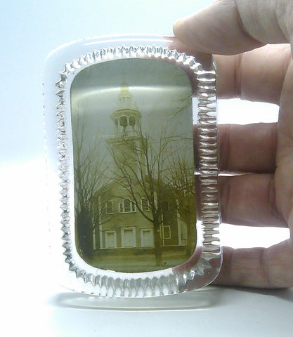 Vintage Glass Photo Paperweight of Church Antique Souvenir 1900's
