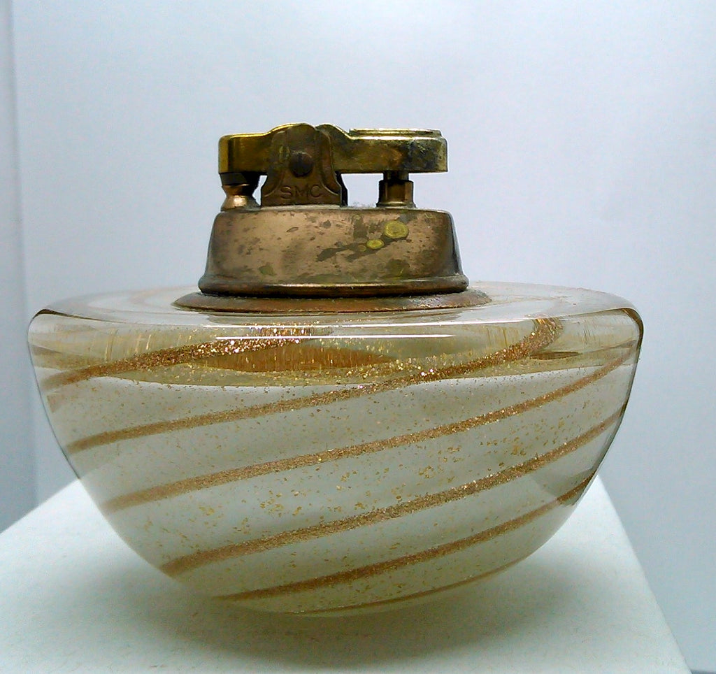 Vintage Blown Art Glass Mid-Century Murano white gold swirl table lighter