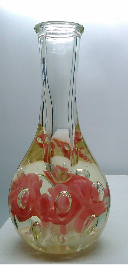 Vintage St. Claire art glass Paperweight Bottle Vase Pink icepick flowers