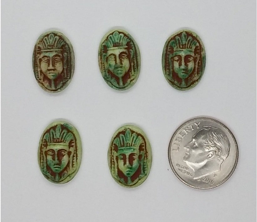 5pc Lot of MAX NEIGER 16x11mm green glass cabochons Art deco Egyptian Revival Scarab L40