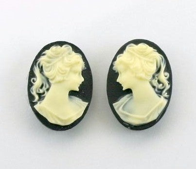 18x13mm black and ivory ponytail girl matched pair resin cameos S2041