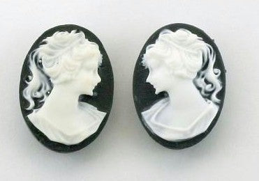 18x13mm black and WHITE ponytail girl matched pair resin cameos S2045