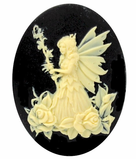 40x30mm Fairy with staff and roses Nymph Resin Cameo Cabochon Black and Ivory S2088