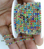 1 YARD 2.3mm Rainbow colorful Rhinestone Chain Silver Backed Crystal Trim Cup Chain jewelry finding supply S2174