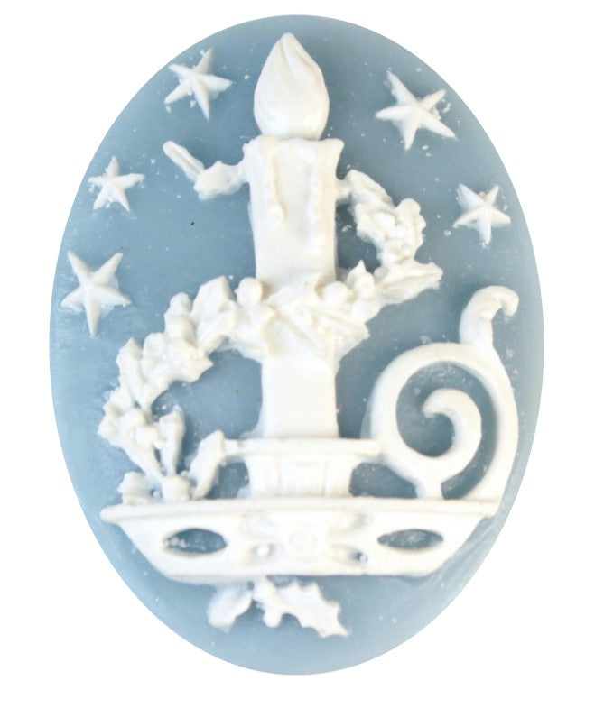 40x30mm Christmas Holiday Candle Blue White Resin Cameo Cabachon S4002