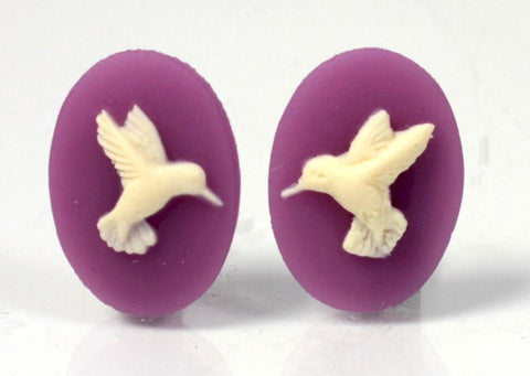 18x13mm Hummingbird matched pair of purple ivory cabochon Resin Cameo S4029