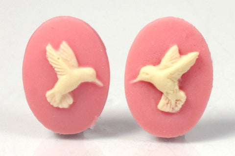 18x13mm Hummingbird matched pair of pink ivory cabochon Resin Cameo S4031