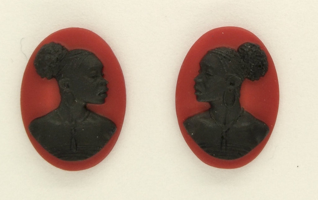 18x13mm pair of African American Black Woman Resin Cameo Cabochon Red S4041
