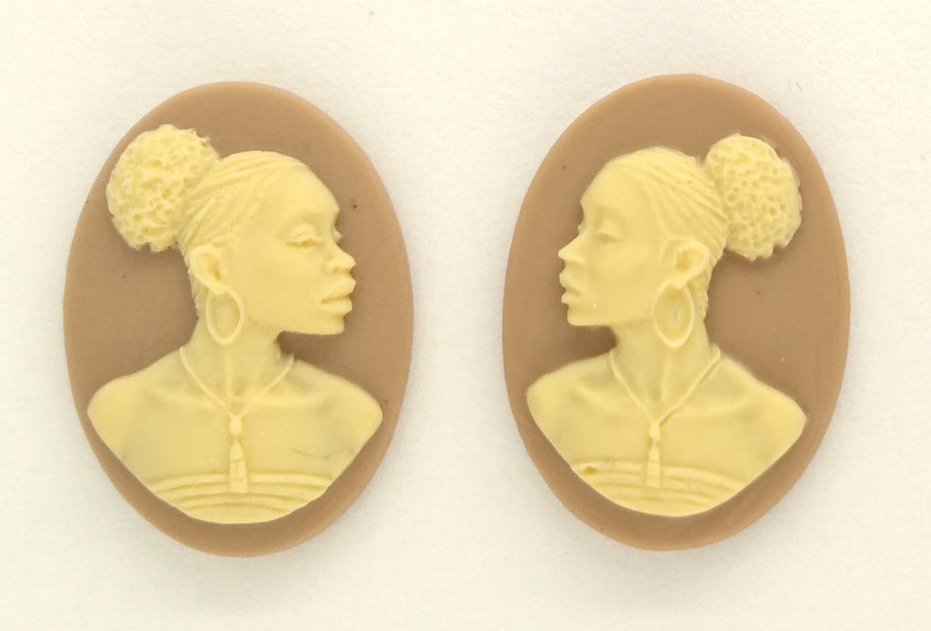 18x13mm pair of African American Black Woman Resin Cameo Cabochon tan ivory S4044