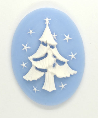 40x30mm Holiday Christmas Tree Resin Cabochon Cameo Blue White S4074