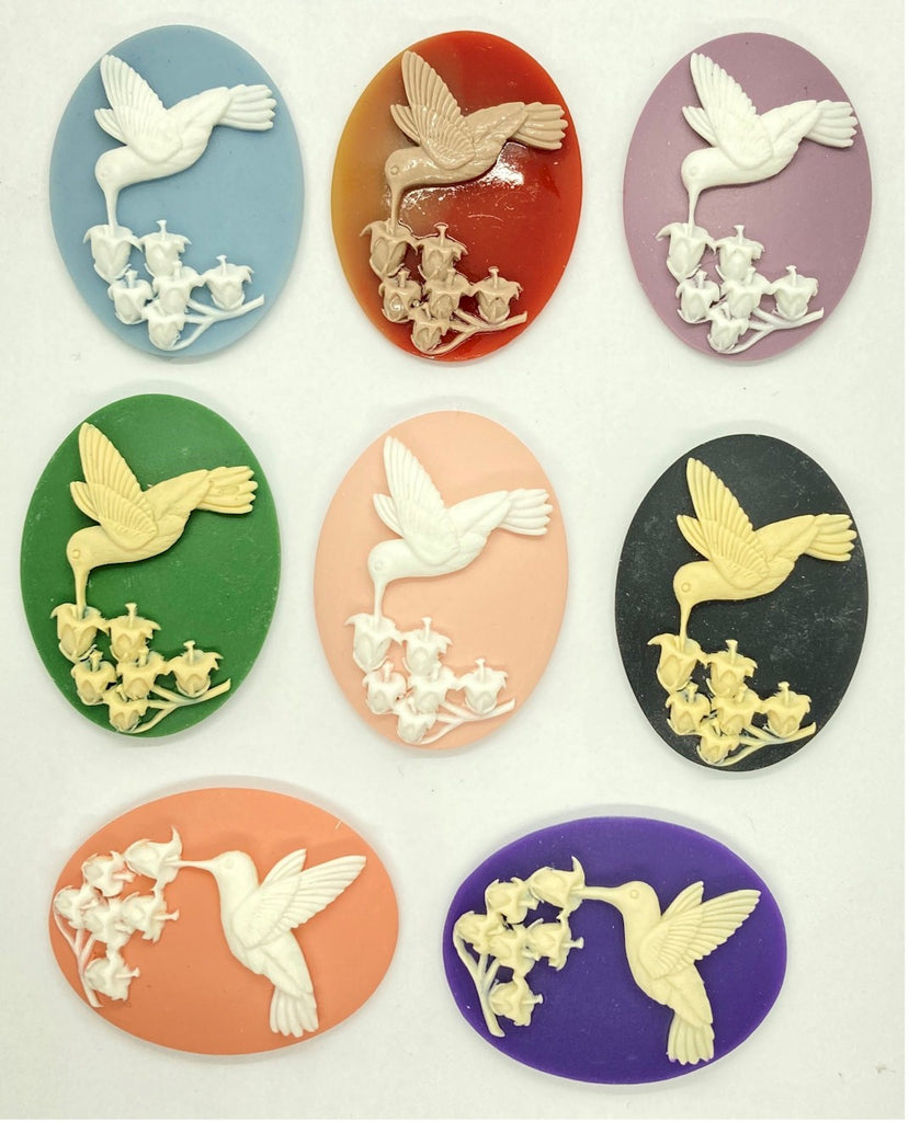 40x30mm Hummingbird Lily of the Valley Set of 8pcs. Resin Cameo Cabochon
