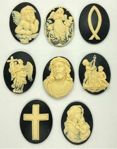 40x30mm Religious 8pcs Set Resin Cameo Cabochon Jesus Angels Christian Symbols Black Creme