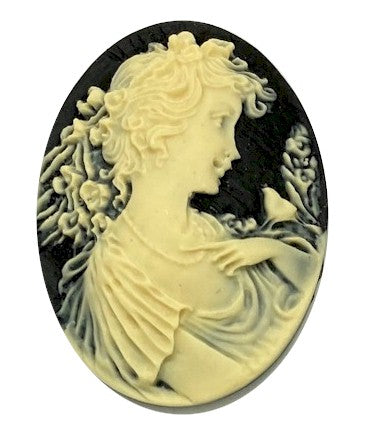 40x30mm Woman with Bird Resin Cameo Cabochon Black Ivory S4129B