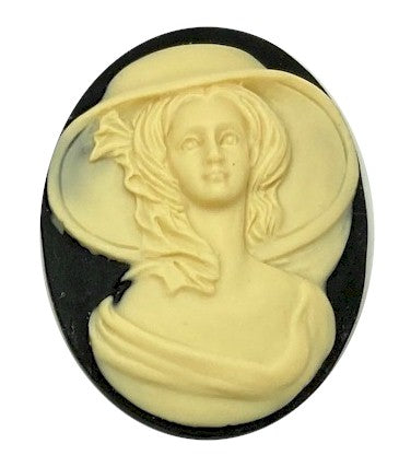 40x30mm Lady with Large Hat Black and Ivory Resin Cameo S4129C