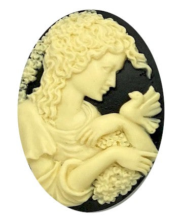 40x30mm Woman with Bird Resin Cameo Cabochon Black Ivory S4129D