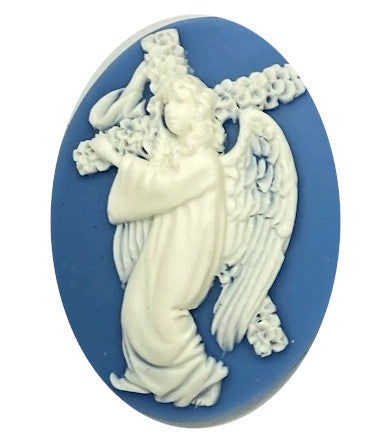 40x30mm Angel with Cross Resin Cameo Cabochon Blue White S4128F