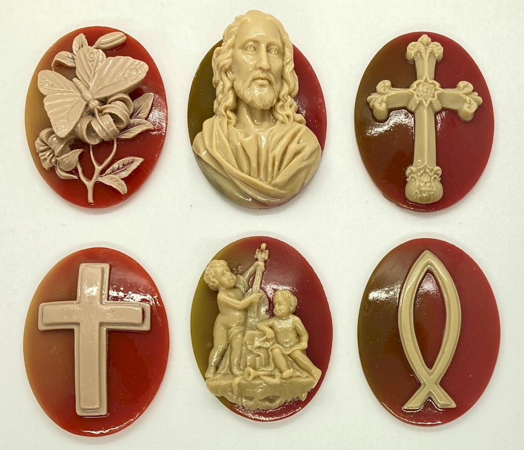 40x30mm Carnelian Color Religious 6pc lot of Resin cabochon cameos Jesus Christian cross S4133
