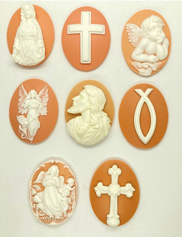 40x30mm Peach Color Religious 8pc lot of Resin cabochon cameos Jesus Christian cross S4135